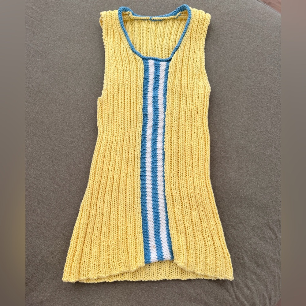 Homemade Yellow Knit Tank with Blue & White Stripe